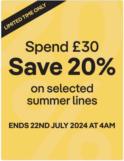 Spend £30 and Save 20% off on Summer Line Inc Home & Electrical, Clothing, Outdoor, Toys (Inc Lego) + Free Click & Collect