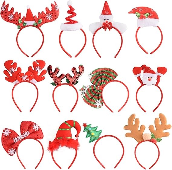 SEVEN STYLE 12 PCS Holiday Headbands,Cute Christmas head hat toppers,Great Fun and Festive for Christmas Party Favors Holiday Favors Photos Booth