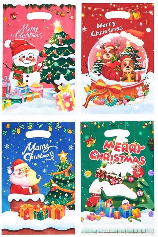 FJAKA 30pcs Christmas Plastic Gift Bags with Handles, Merry Christmas Goodie Bags, Santa Claus Plastic Goody Candy Cookie Snack Treat Party Favor Bags for Winter Xmas Holiday Party Decorations Favors
