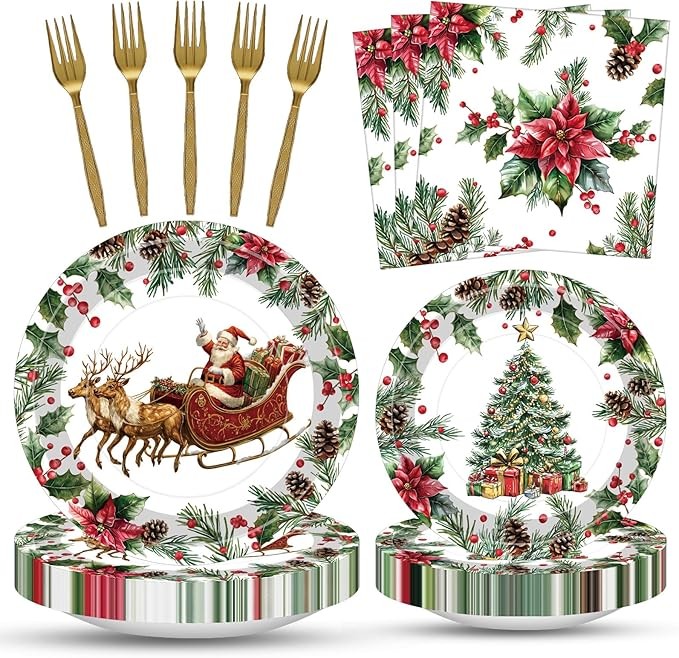 100 Pcs Vintage Christmas Tableware Party Supplies, Serves 25, Disposable Retro Santa Sleigh and Tree Paper Plates, Napkins, and Forks, Holiday Dinner, Winter Wonderland, Xmas Party Decorations